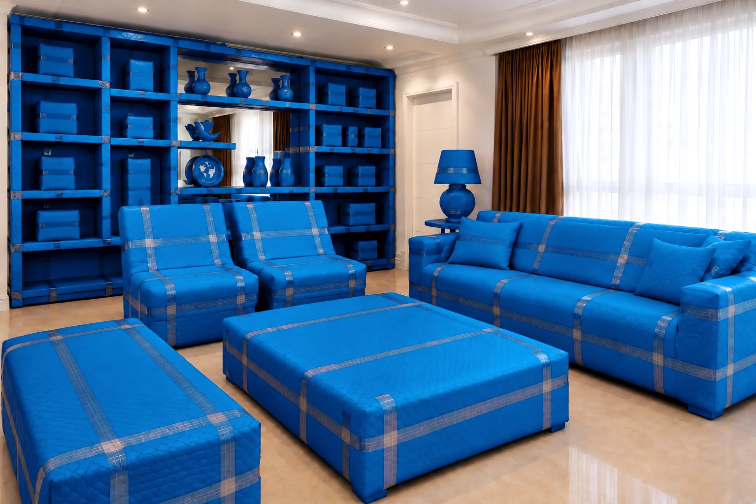Genç Nakliyat tema renkleriyle koruyucu ambalaj uygulanmış salon